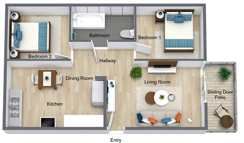 Floor plan for 2 beds, 1 bath, 750 sqft